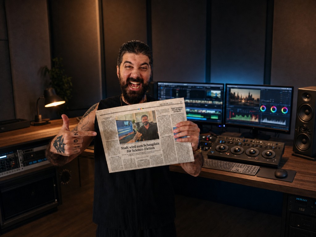 Denis Bayrak hält im Schnittstudio die Ausgabe der Heilbronner Stimme mit dem Bericht „Stadt wird zum Schauplatz für Science-Fiction“ in die Kamera